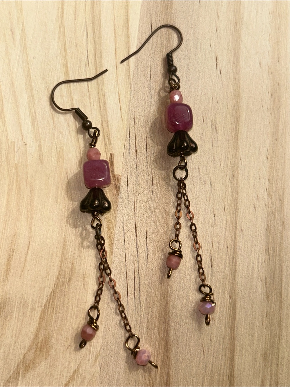 Handcrafted Pink Bead Dangle Earrings - Unbranded